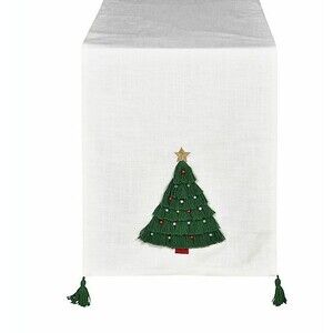 Christmas Evergreen Tree Table Runner  72x14" Tassel Embellished White Green